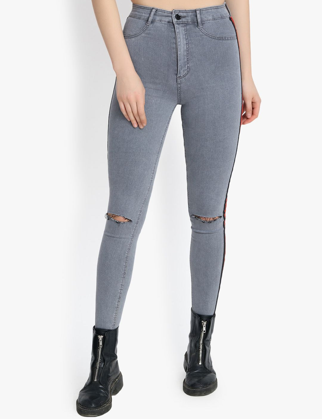 Kotty Women Grey Skinny Fit High-Rise Slash Knee Stretchable Jeans