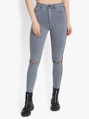 Kotty Women Grey Skinny Fit High-Rise Slash Knee Stretchable Jeans