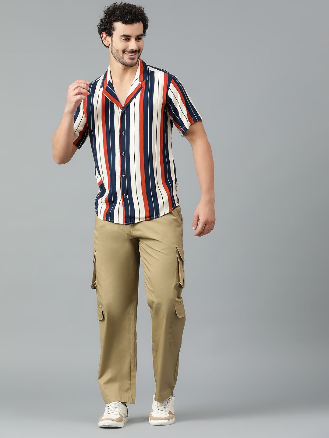 Kotty Men Cuban Collar Striped Casual Shirt