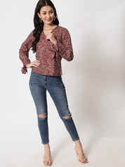 Kotty Abstract Printed V-Neck Crepe Top