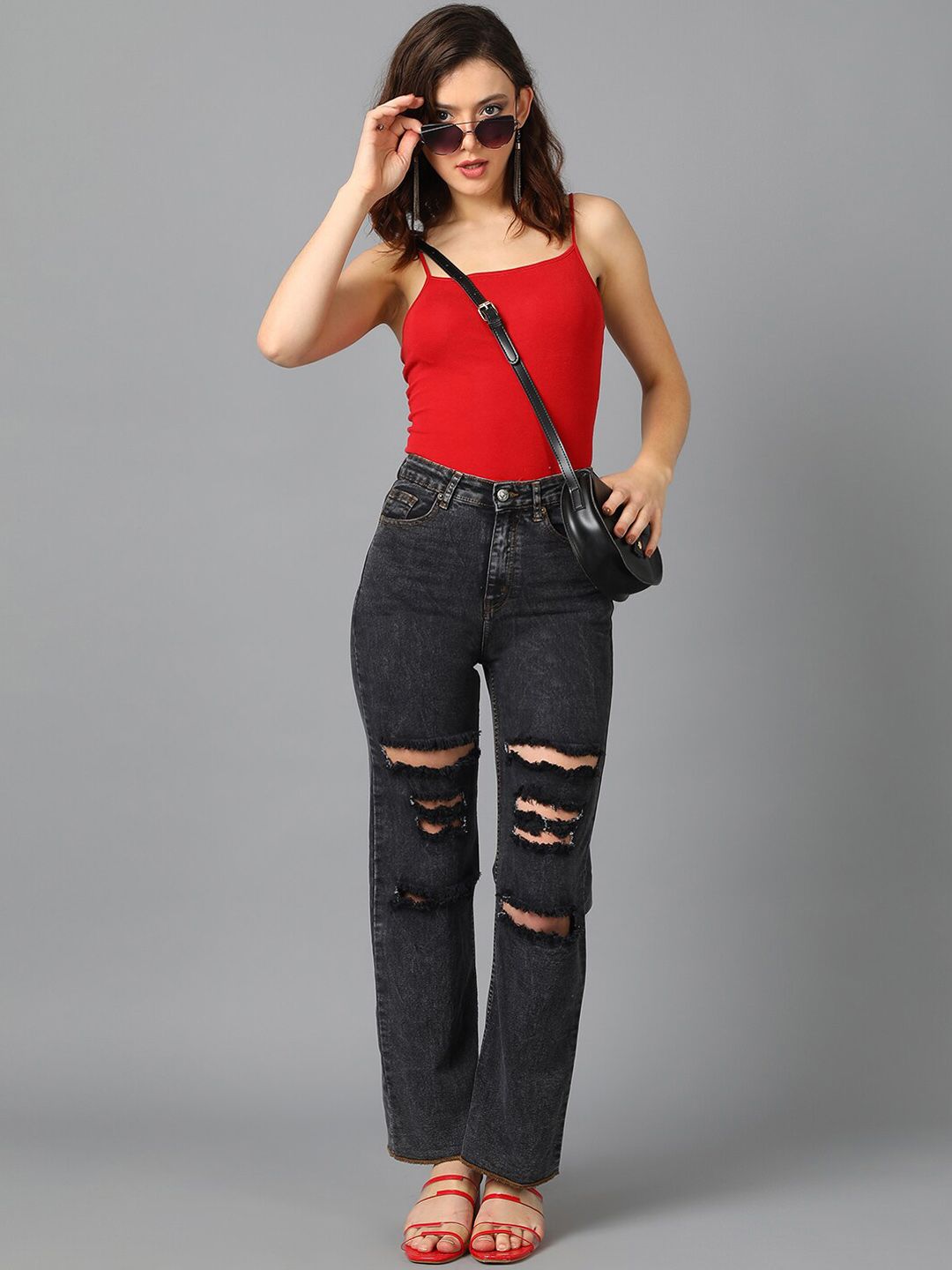 Kotty Black Women Jean Straight Fit High-Rise Mildly Distressed Stretchable Jeans