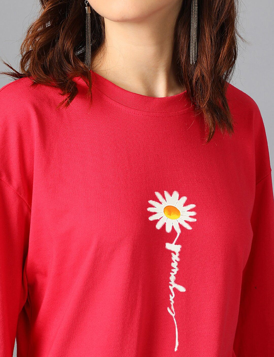 Kotty Red Typography Printed Drop-Shoulder Sleeves Oversized T-shirt