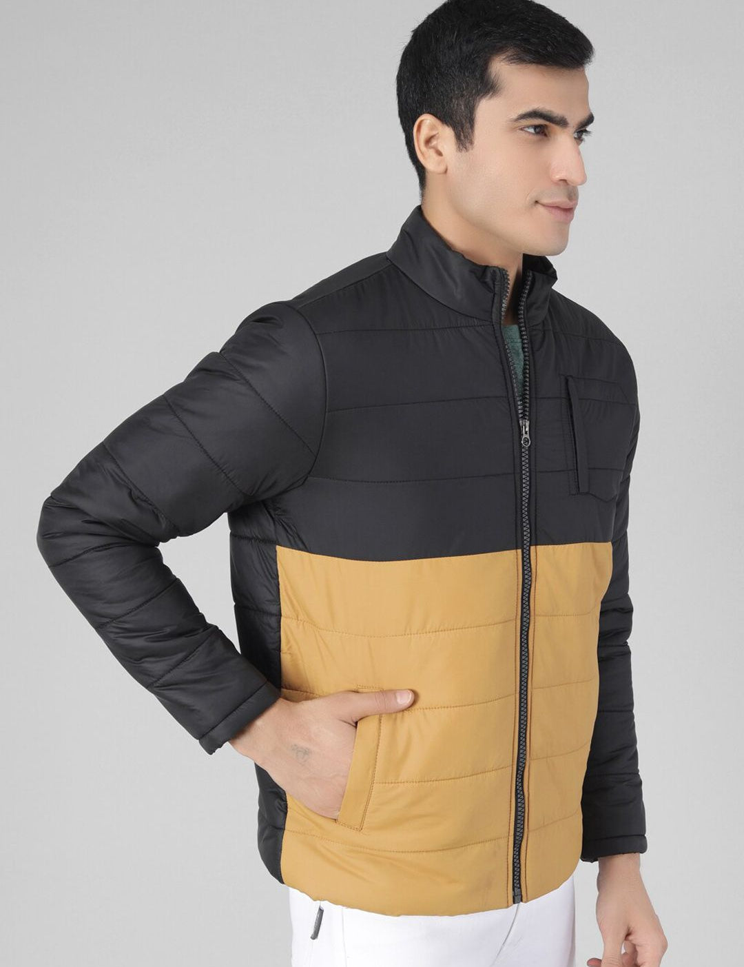 Kotty Men Yellow & Black Colourblocked Puffer Jacket