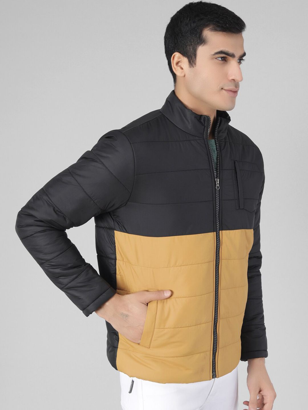 Kotty Men Yellow & Black Colourblocked Puffer Jacket