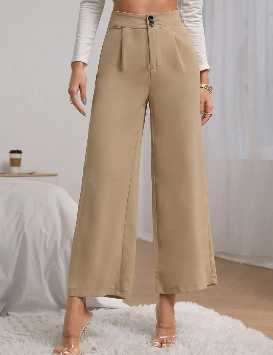 Kotty Women Beige Relaxed Straight Fit High-Rise Easy Wash Pleated Trousers