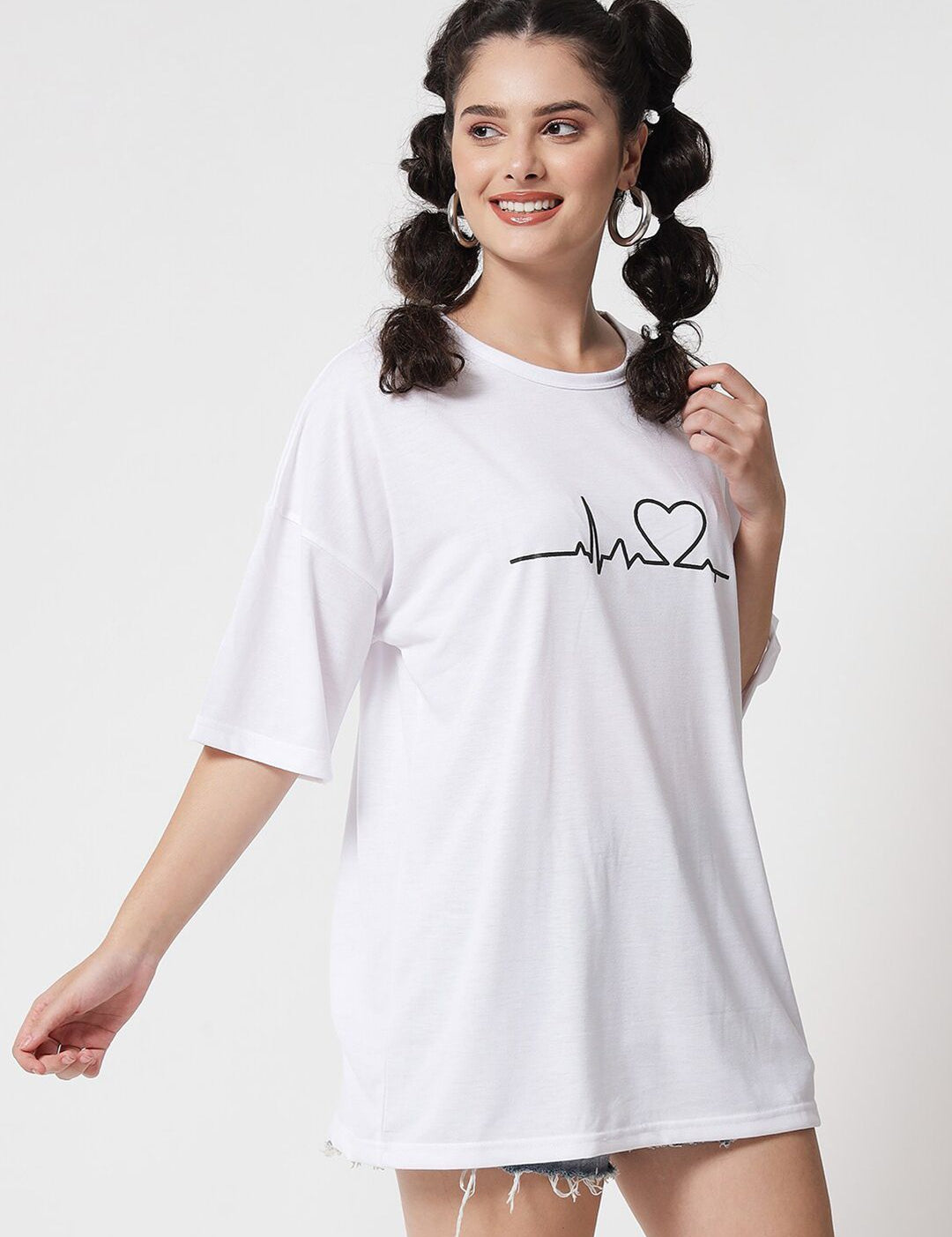 Kotty Women White Typography Printed Drop-Shoulder Sleeves Oversized T-shirt