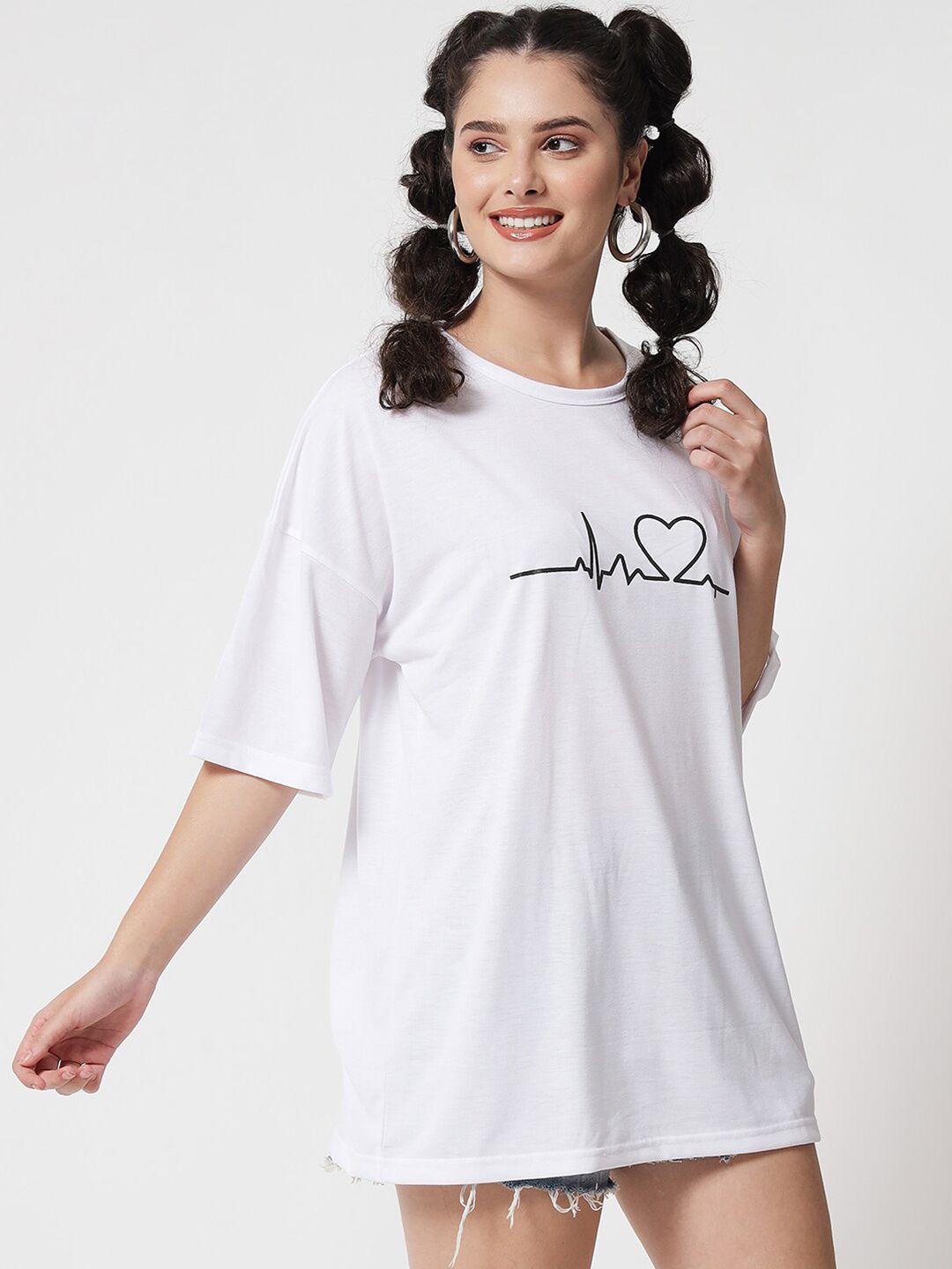 Kotty Women White Typography Printed Drop-Shoulder Sleeves Oversized T-shirt