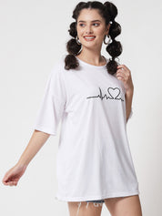 Kotty Women White Typography Printed Drop-Shoulder Sleeves Oversized T-shirt