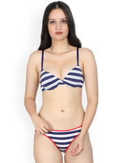 Kotty Women White And Navy Blue Striped Lingerie Set KTTIW84