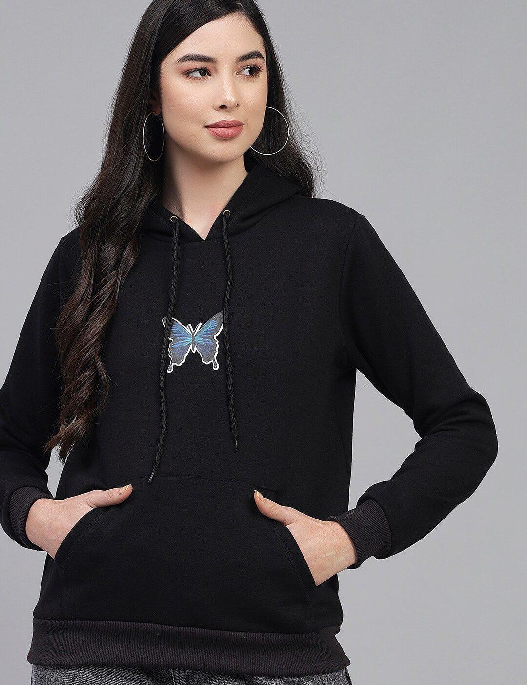 Kotty Women Black Printed Fleece Hooded Sweatshirt