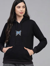 Kotty Women Black Printed Fleece Hooded Sweatshirt