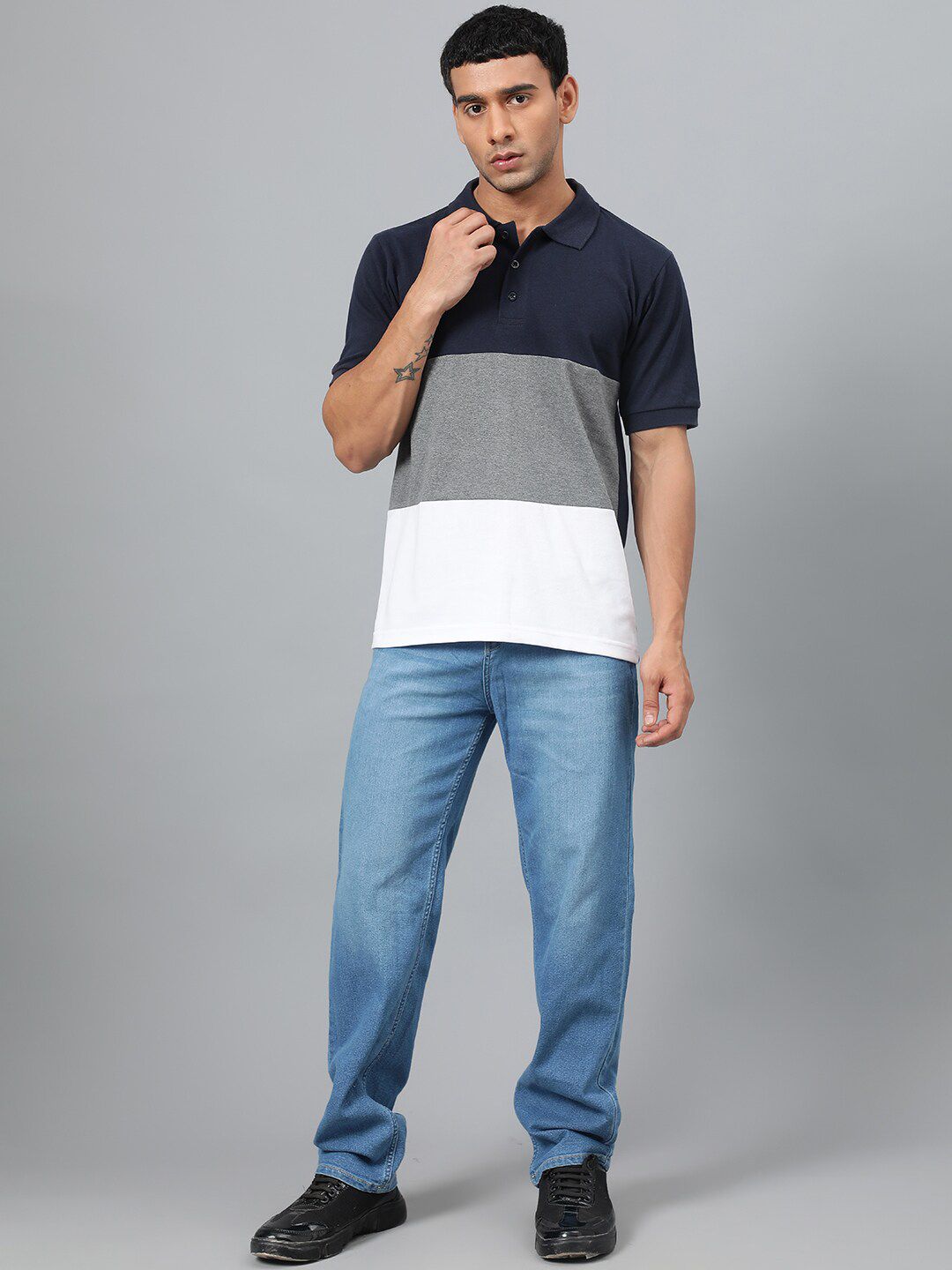 Kotty Navy Blue Grey Colourblocked Polo Collar T-Shirt
