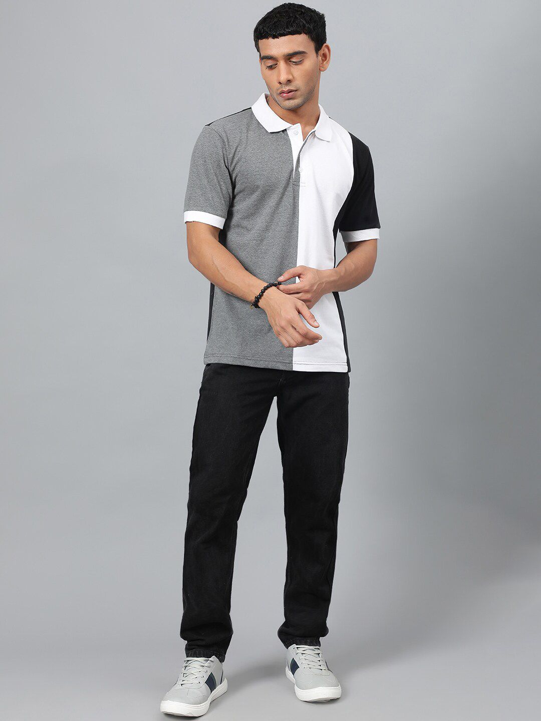 Kotty White & Grey Colourblocked Polo Collar T-shirt
