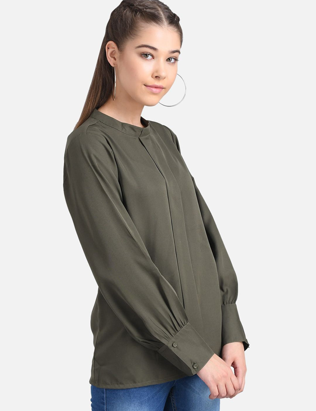 Kotty Women Olive Green Solid Shirt Style Pure Cotton Top
