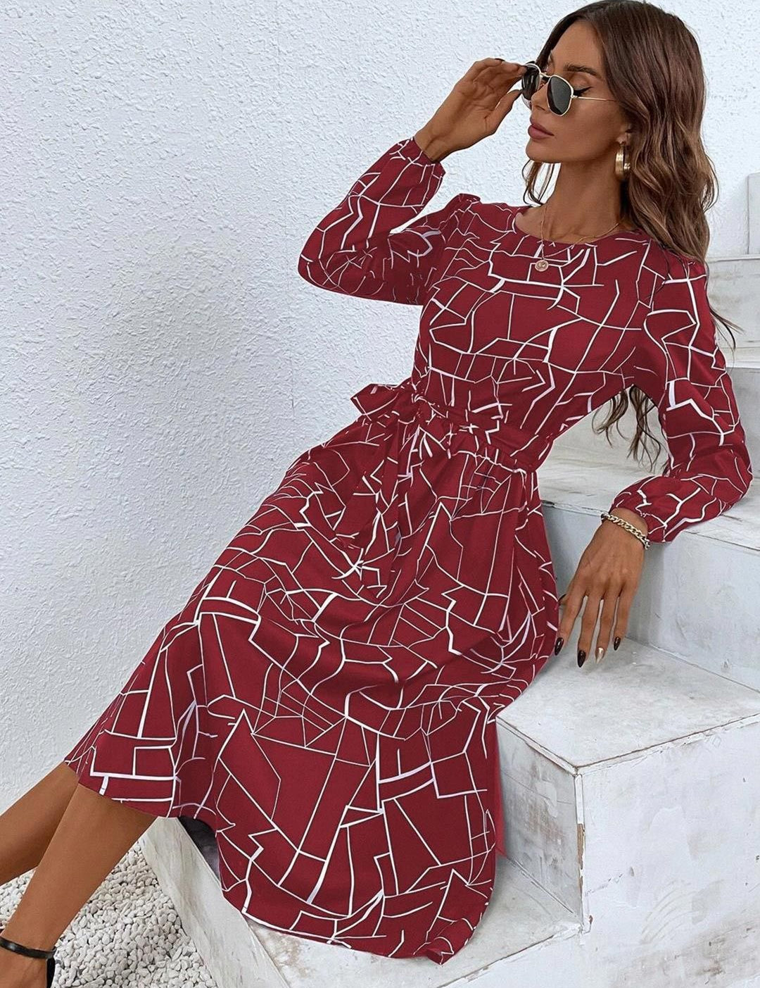 Kotty Maroon Abstract Printed Belted A-Line Midi Dress