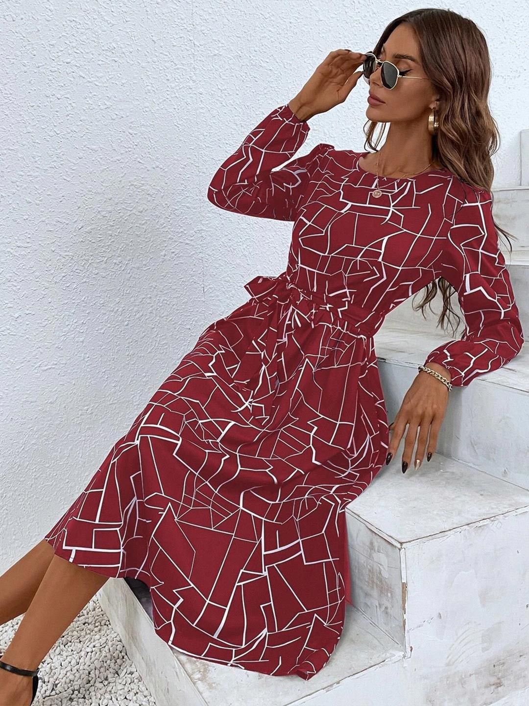 Kotty Maroon Abstract Printed Belted A-Line Midi Dress