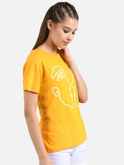 Kotty Women Yellow &White Printed Round Neck T-shirt