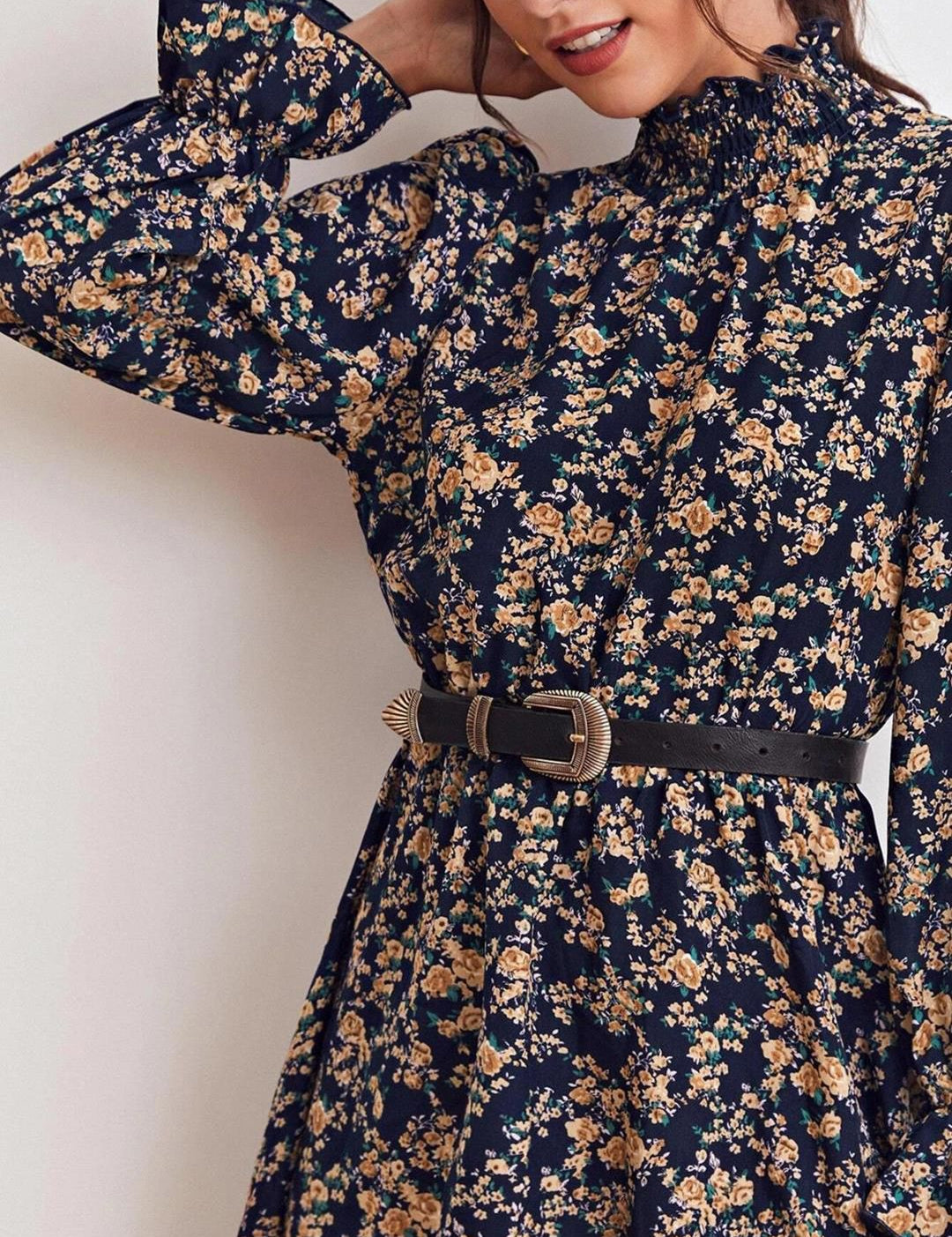 Kotty Navy Blue & Beige Floral Printed Bell Sleeves Fit & Flare Dress