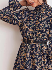 Kotty Navy Blue & Beige Floral Printed Bell Sleeves Fit & Flare Dress