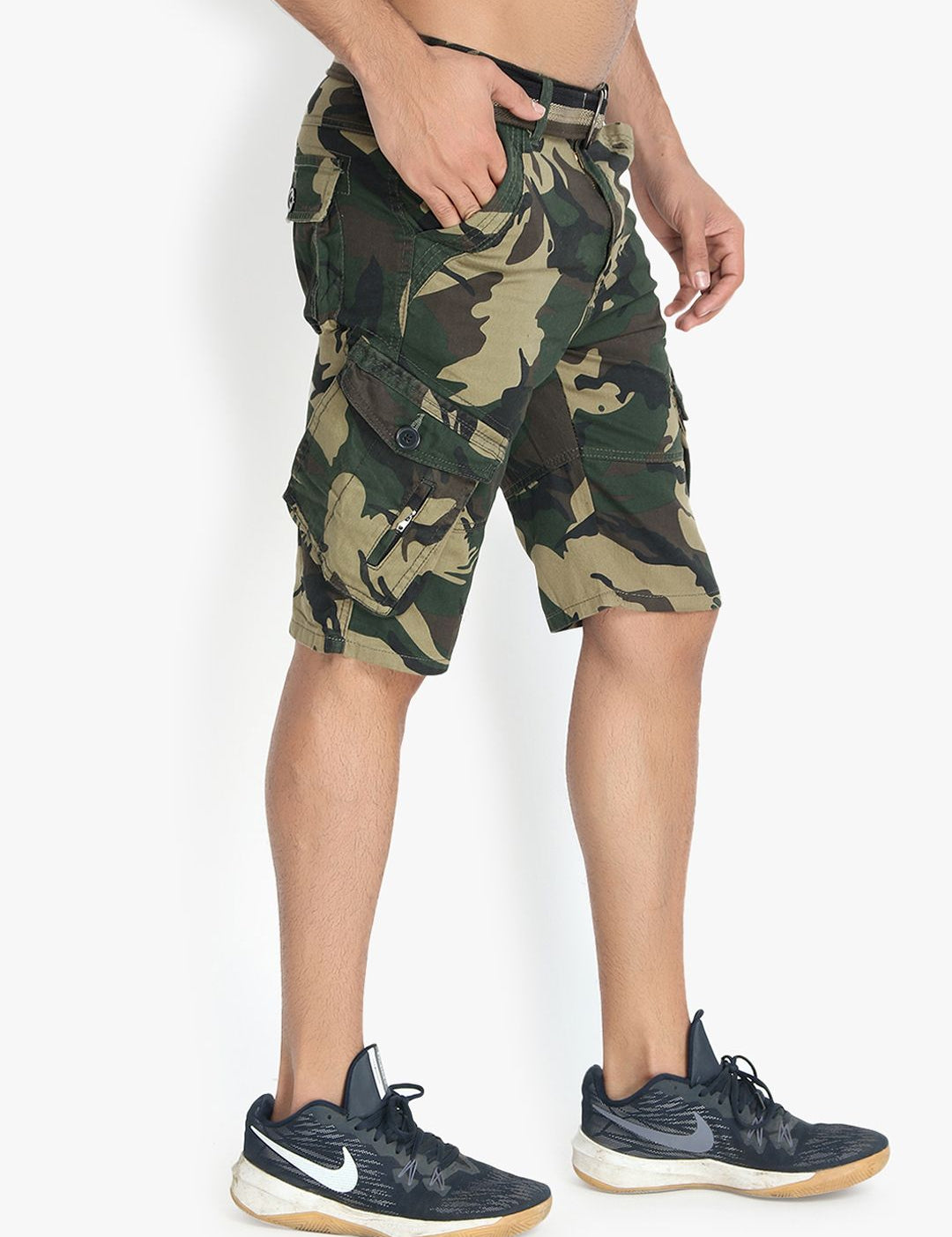Kotty Men Olive Green & Beige Printed Regular Fit Cargo Shorts