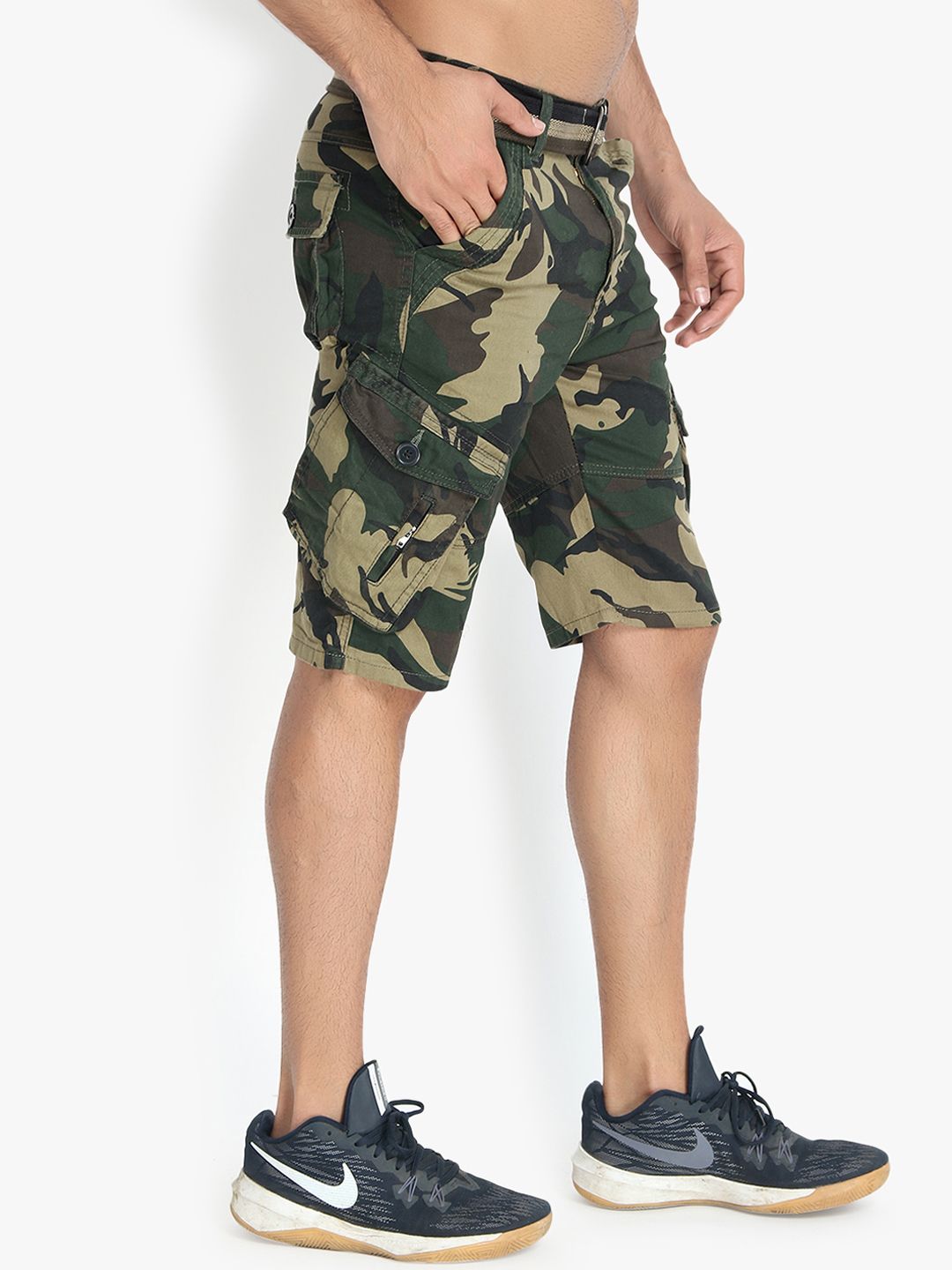 Kotty Men Olive Green & Beige Printed Regular Fit Cargo Shorts