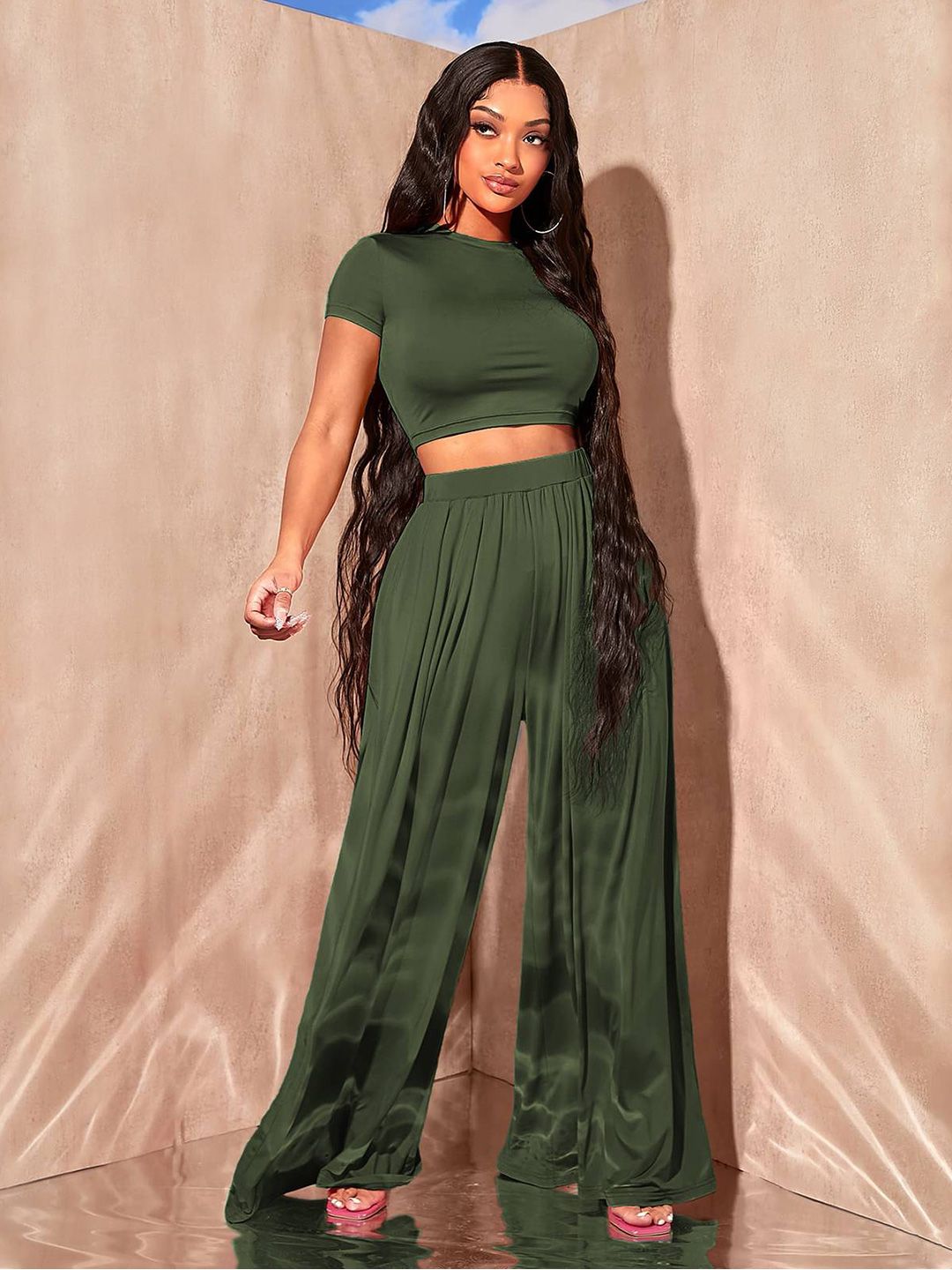 Kotty Olive Green Round Top With Palazzo