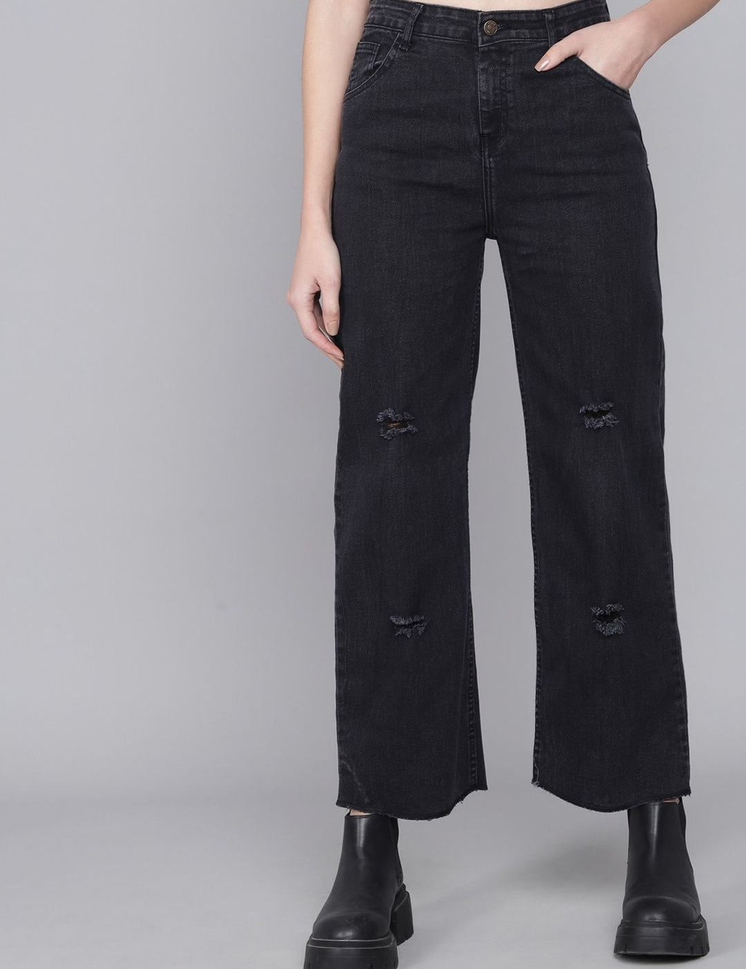 Kotty Women Black Flared High-Rise Mildly Distressed Jeans