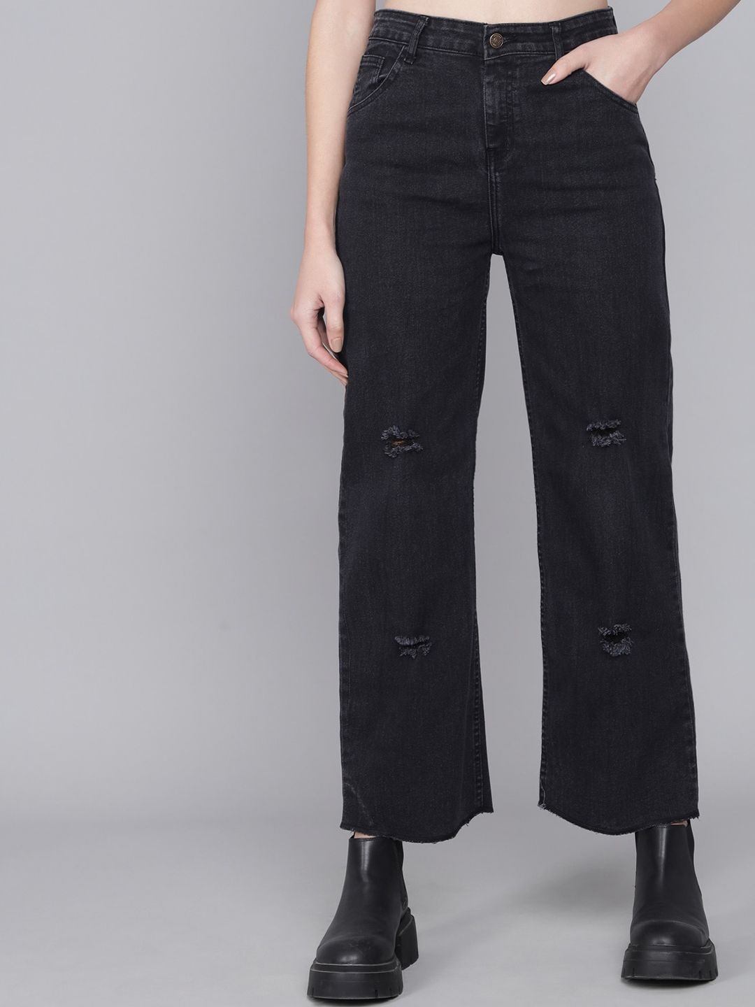 Kotty Women Black Flared High-Rise Mildly Distressed Jeans