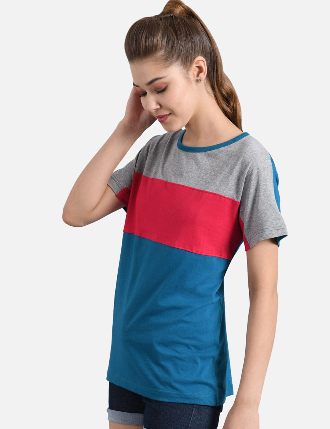 Kotty Women Blue & Grey Colourblocked Round Neck T-shirt