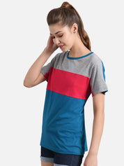 Kotty Women Blue & Grey Colourblocked Round Neck T-shirt
