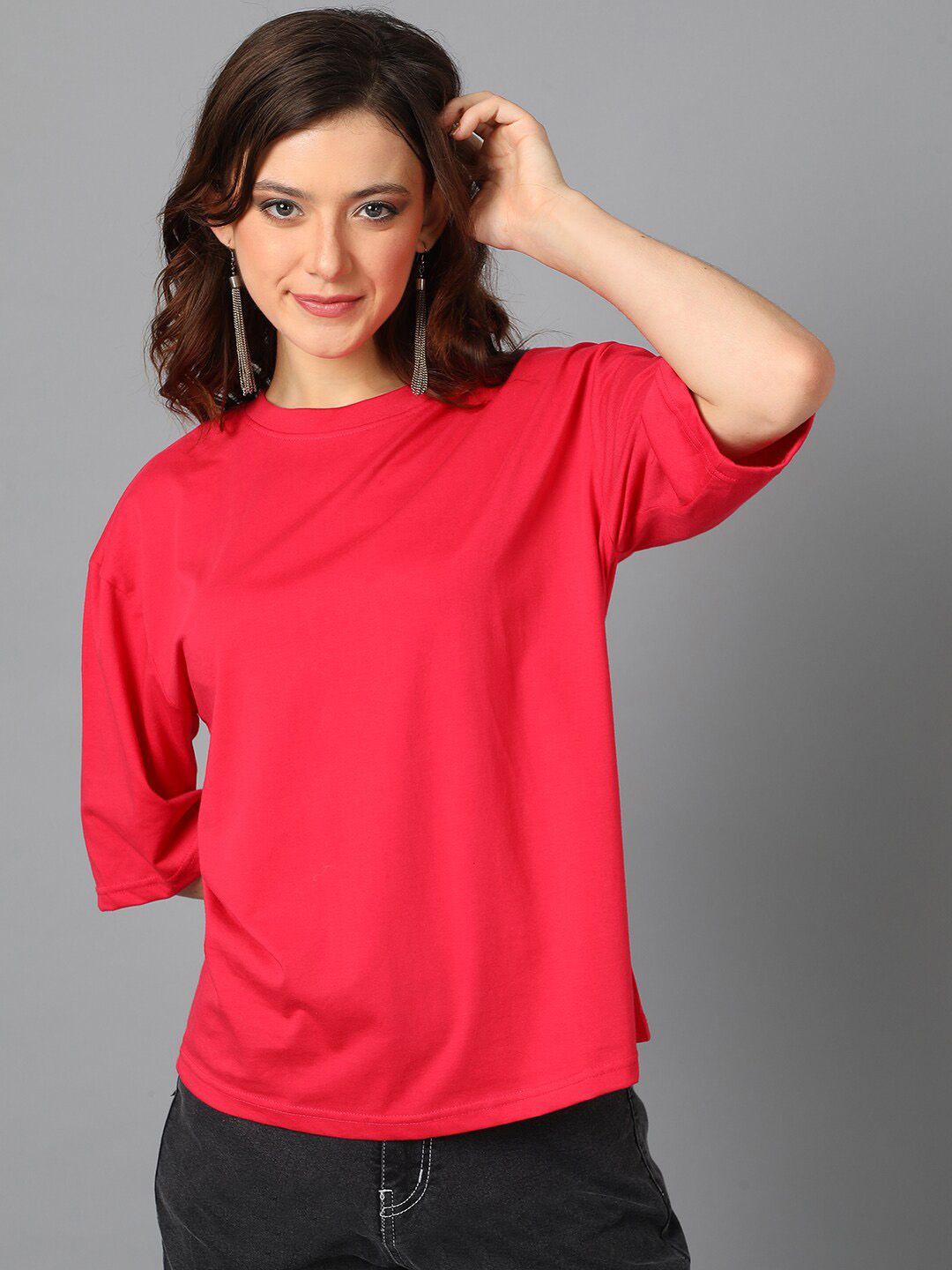 KOTTY Basics Round Neck Drop-Shoulder Sleeves Oversized T-shirt
