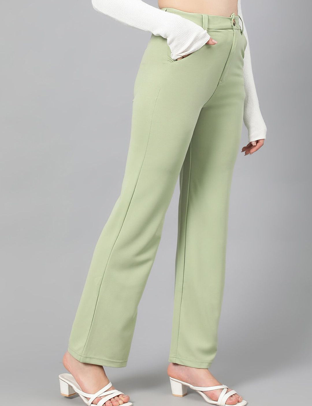 KOTTY BIZwear Women Green High-Rise Relaxed Straight Leg Straight Fit Easy Wash Trousers