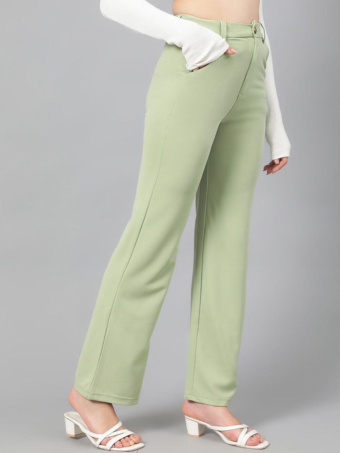 KOTTY BIZwear Women Green High-Rise Relaxed Straight Leg Straight Fit Easy Wash Trousers