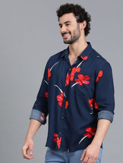 Kotty Navy Blue & Red Floral Printed Spread Collar Relaxed Fit Casual Shirt