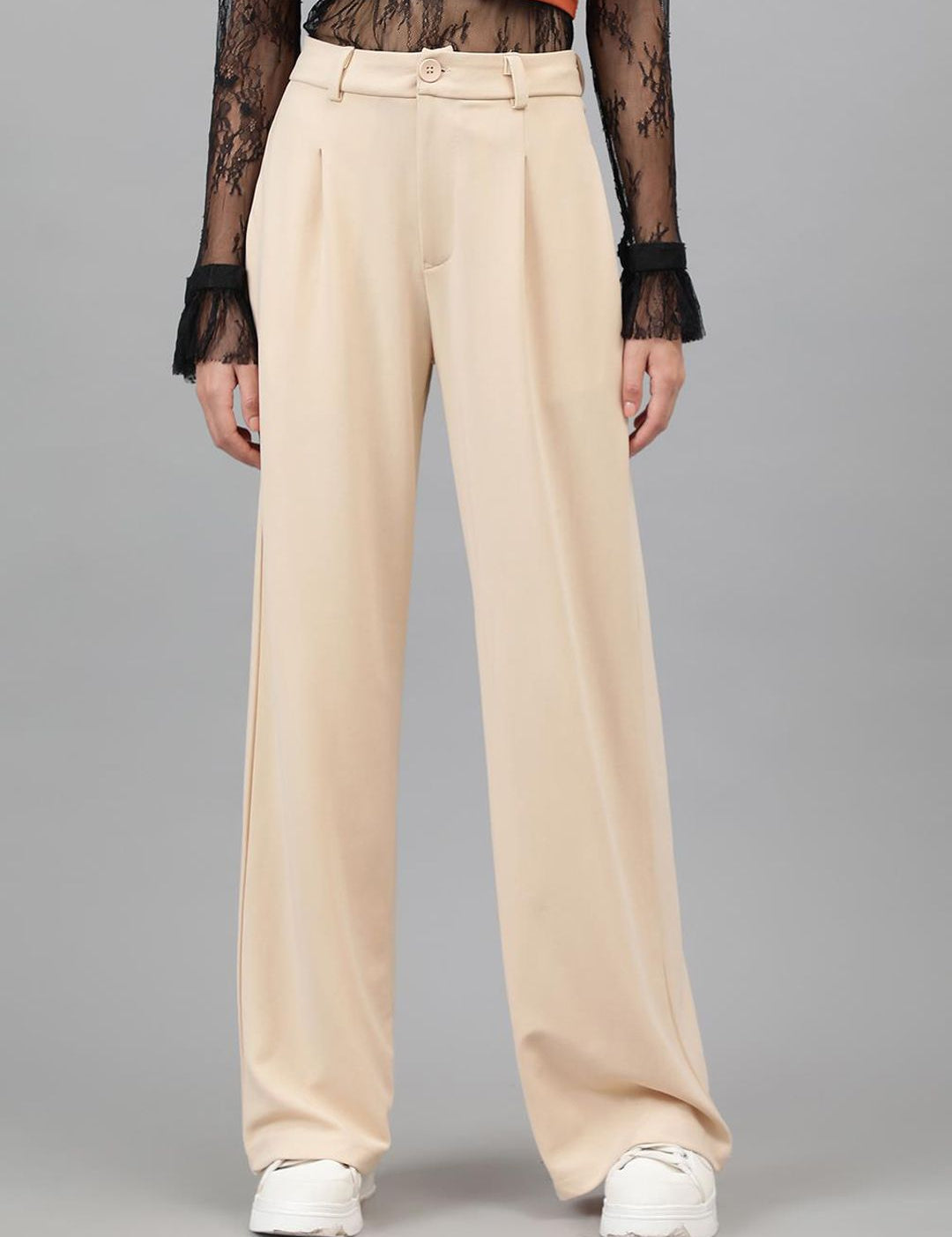 Kotty Women Beige Relaxed Straight Leg High-Rise Easy Wash Pleated Parallel Trousers