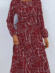 Kotty Maroon & White Abstract Printed Puff Sleeves Crepe Fit & Flare Midi Dress