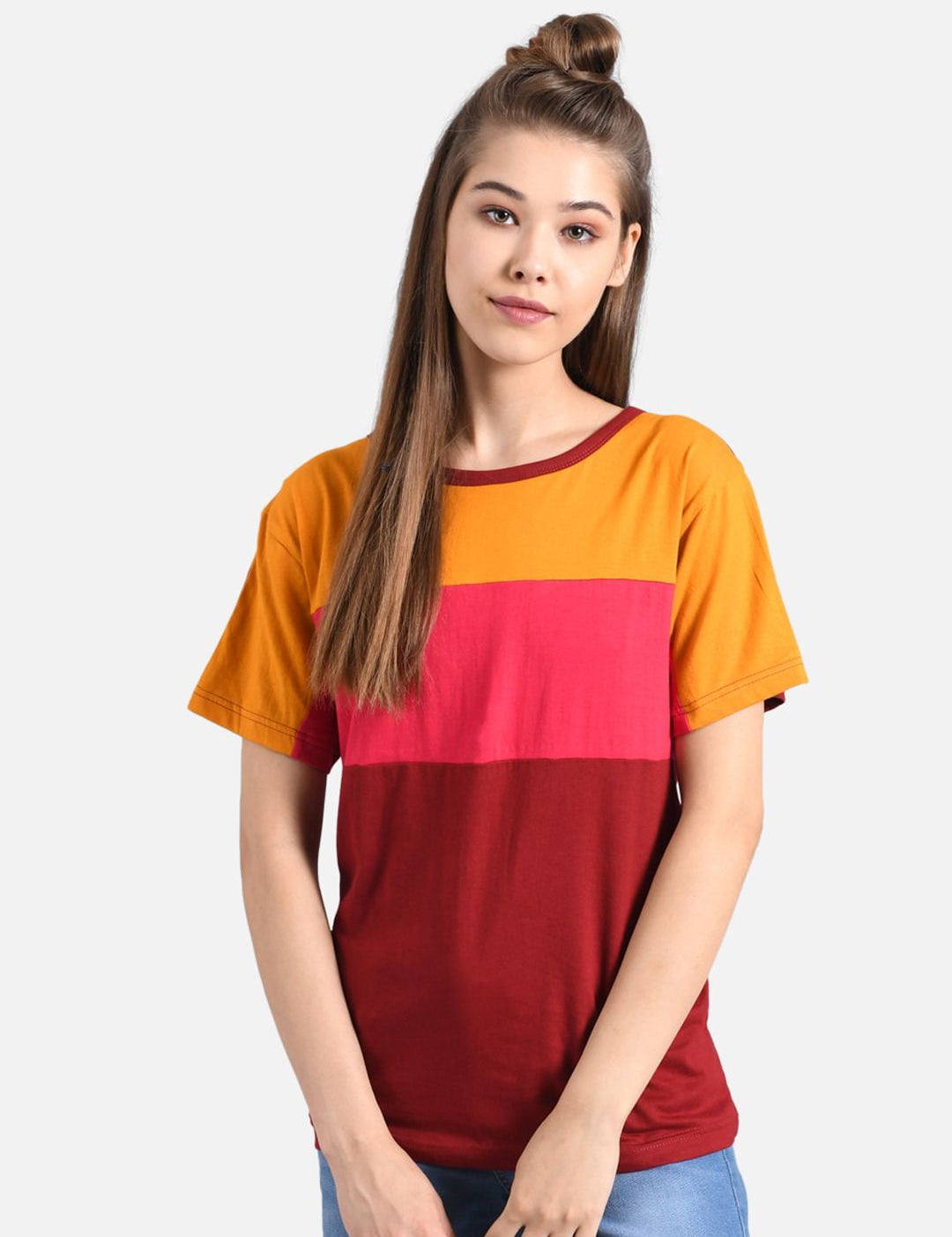 Kotty Women Yellow Colourblocked Round Neck T-shirt