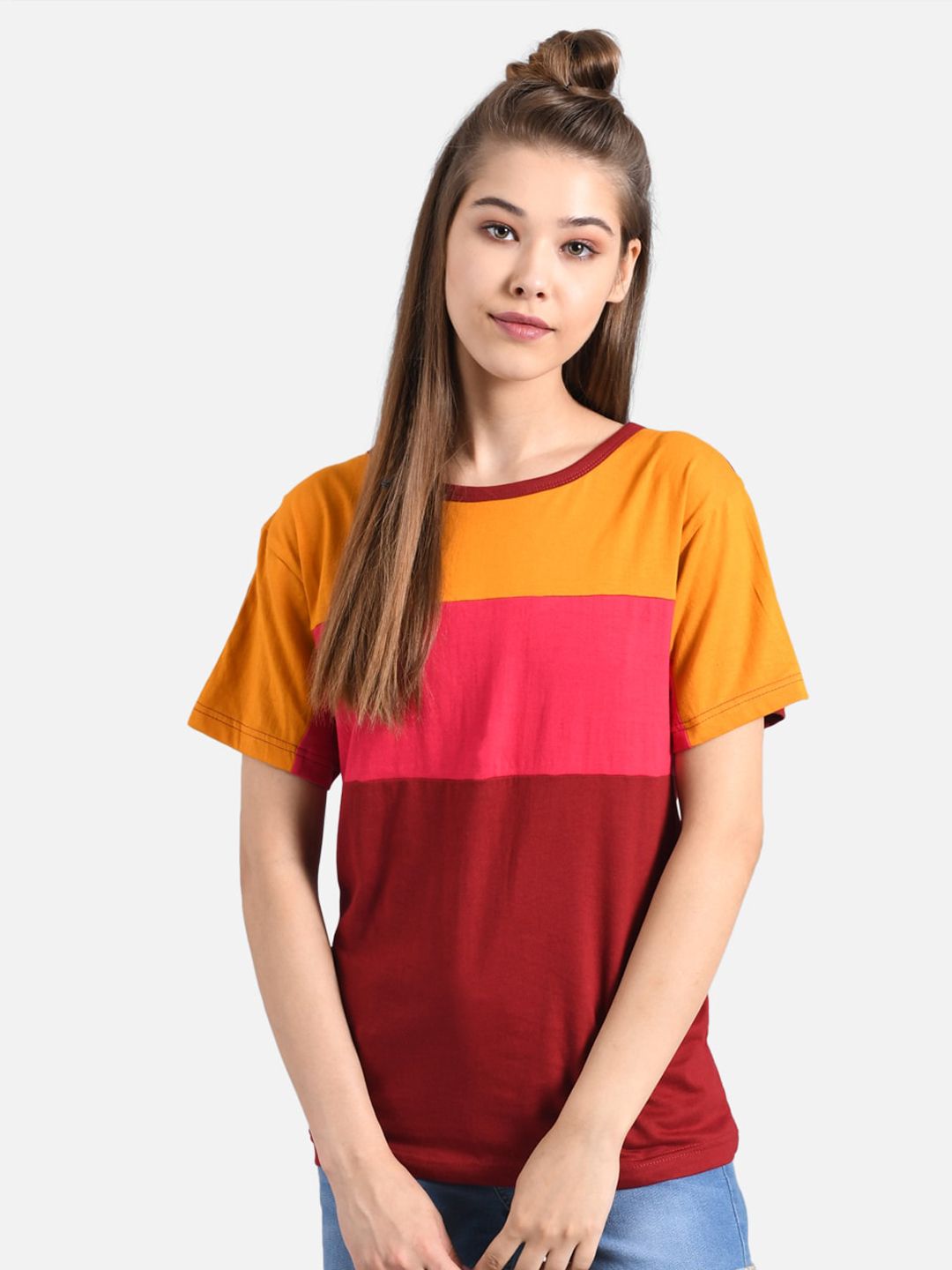 Kotty Women Yellow Colourblocked Round Neck T-shirt