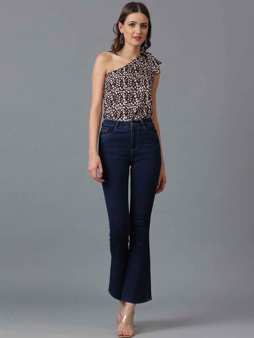 Kotty Black Floral Printed One Shoulder Crepe Top