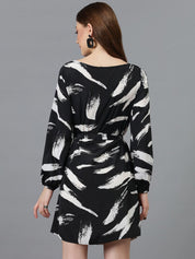 Kotty Black & White Abstract Printed Satin A-Line Dress