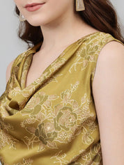 Kotty Green & White Floral Printed Cowl Neck Satin Sheath Midi Dress