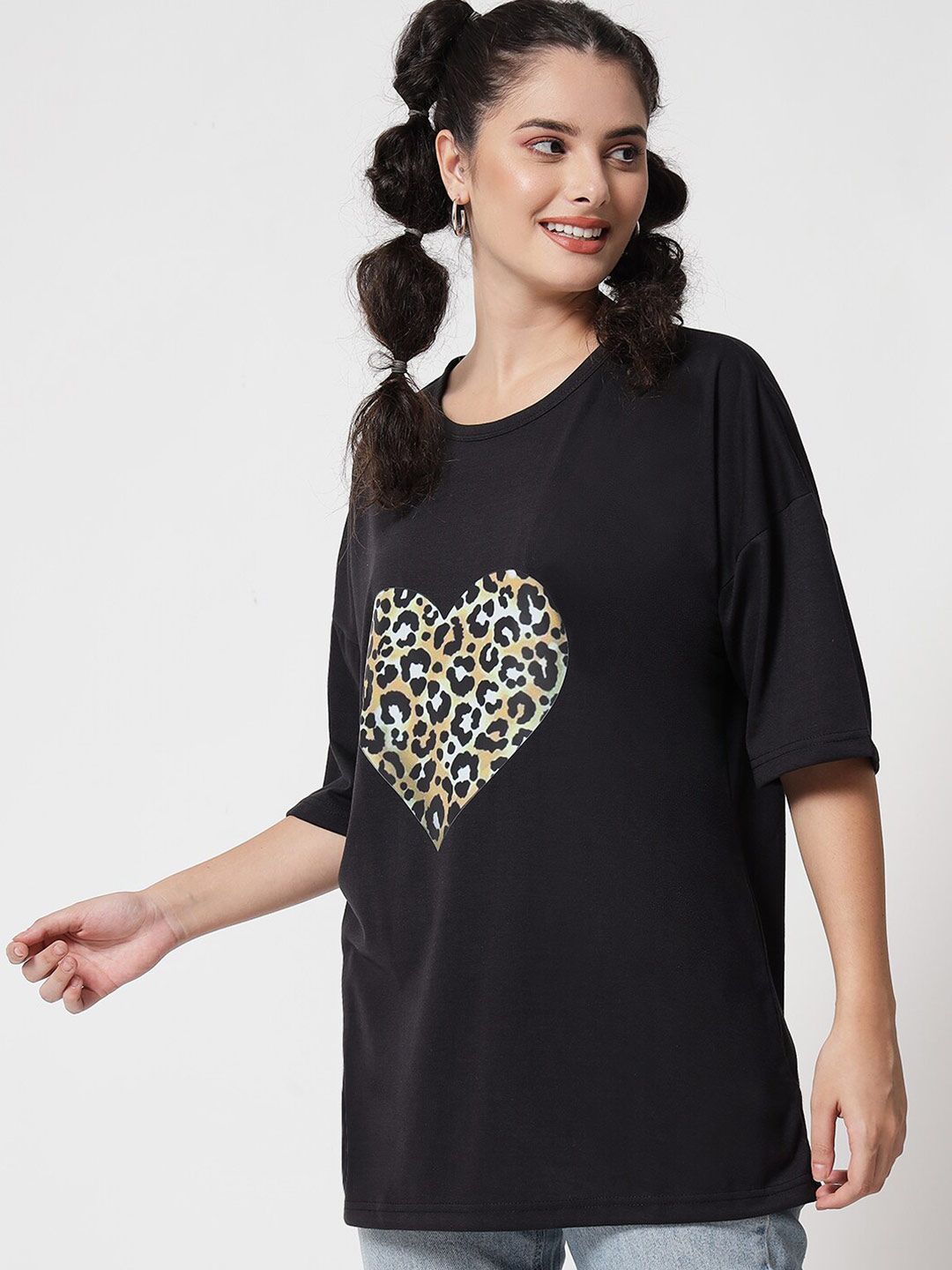 Kotty Women Black Typography Printed Oversized T-shirt