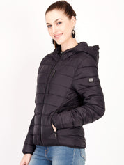 Kotty Women Black Solid Insulator Hooded Puffer Jacket