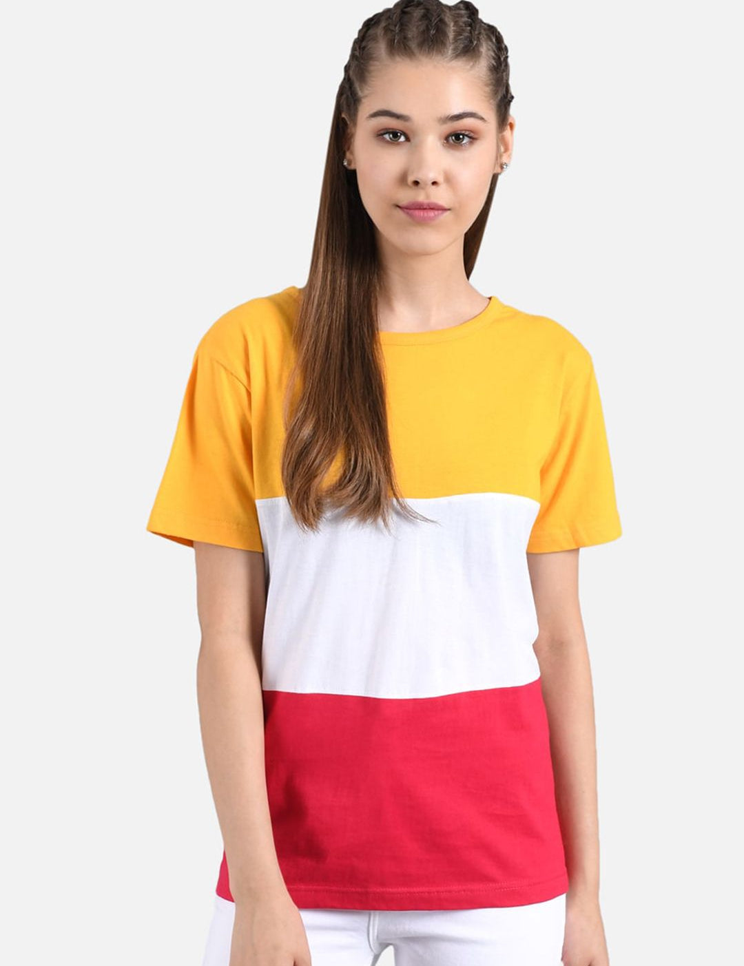 Kotty Yellow Colourblocked Round Neck Regular Fit Cotton Casual T-Shirt