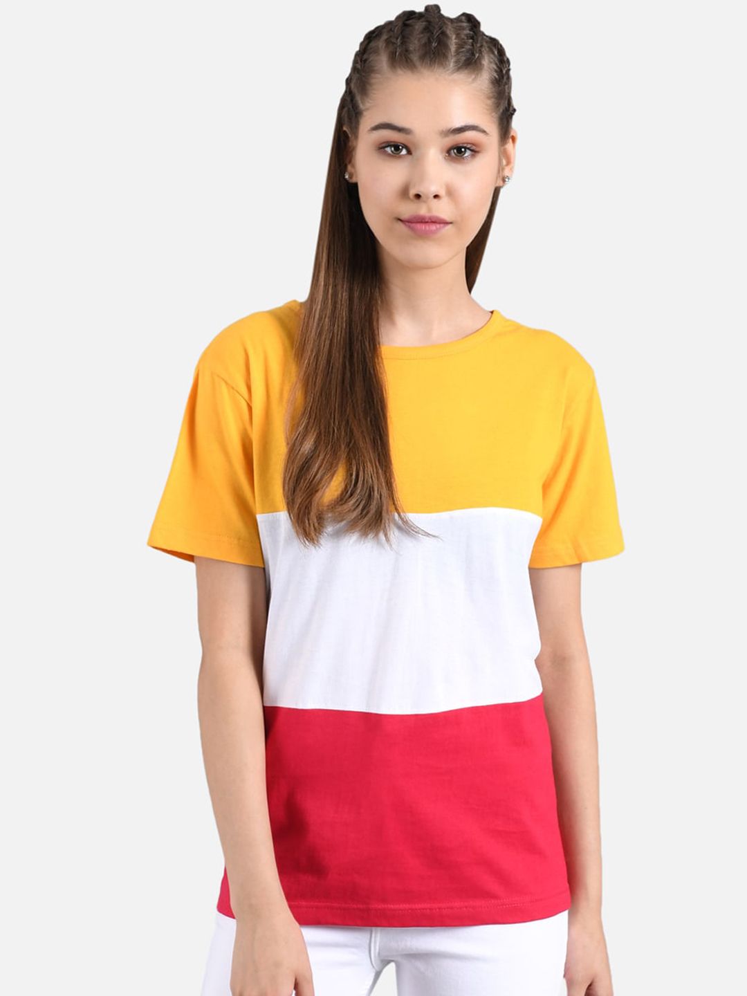 Kotty Yellow Colourblocked Round Neck Regular Fit Cotton Casual T-Shirt