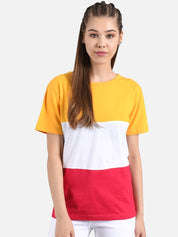 Kotty Yellow Colourblocked Round Neck Regular Fit Cotton Casual T-Shirt
