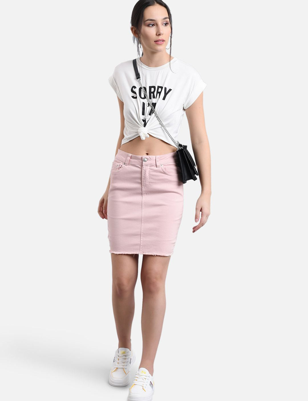 Kotty Women Powder Pink Solid Denim Pencil Mini Skirt