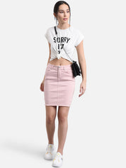Kotty Women Powder Pink Solid Denim Pencil Mini Skirt