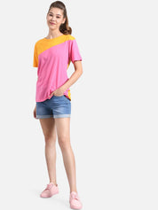 Kotty Women Pink & Mustard Yellow Colourblocked Round Neck T-shirt