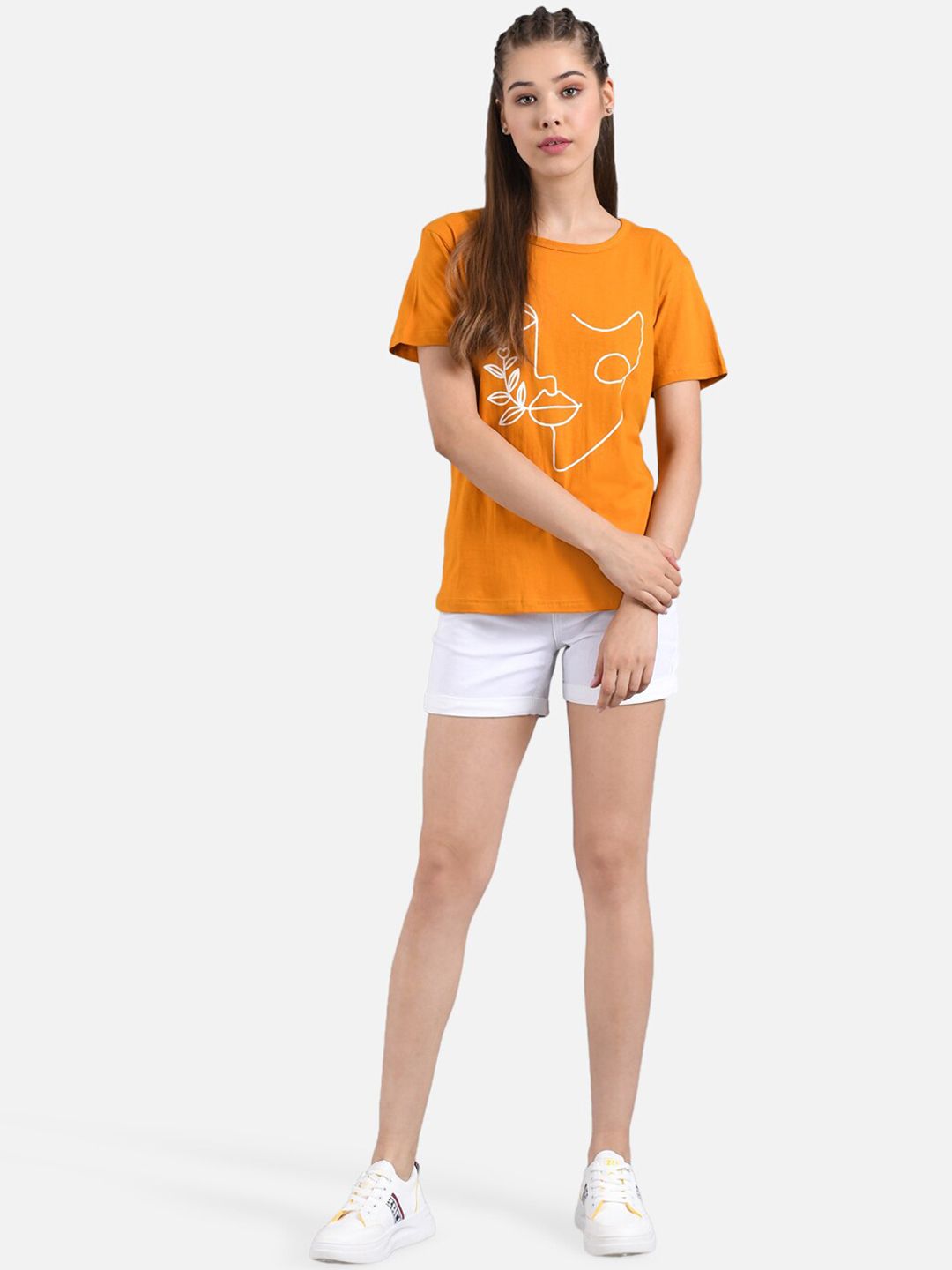 Kotty Women Orange & White Printed Round Neck T-shirt